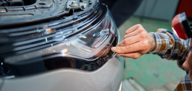 Cropped shot of mechanic applying protective film on headlight